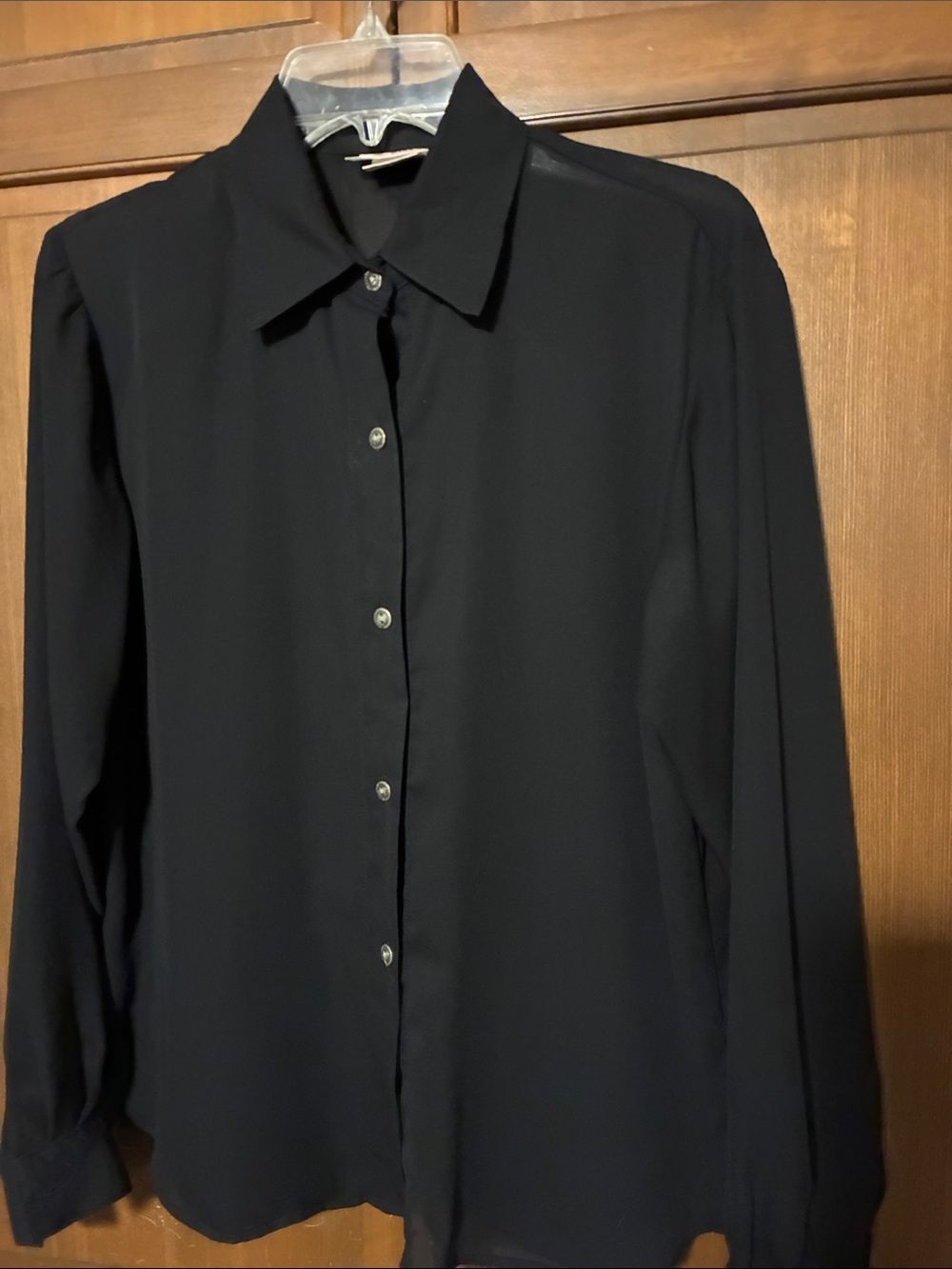 Women's Black Button-Front Sheer Blouse — Classic Collared Long Sleeve